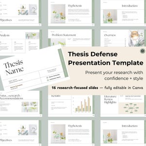 Può includere: Un modello di presentazione per la difesa della tesi con 16 diapositive incentrate sulla ricerca. Il design è minimalista, con testo e grafica, inclusi grafici e immagini di piante e vetreria. Completamente modificabile in Canva.