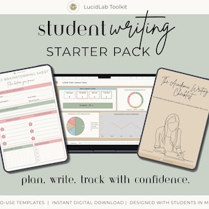 May include: A digital student writing starter pack featuring an essay brainstorming sheet, a laptop displaying data, and a checklist titled "The Academic Writing Checklist." The text reads "plan. write. track with confidence."