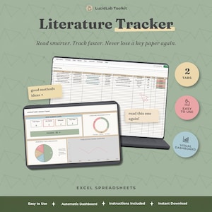Peut inclure: Un outil de suivi de littérature numérique par LucidLab Toolkit. L'affichage présente un tableau de données avec des colonnes pour les articles de recherche et un tableau de bord avec des graphiques circulaires, des barres de progression et des courbes. Inclut les textes 2 TABS et VISUAL DASHBOARD.