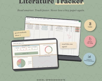 Puede incluir: Una herramienta de hoja de cálculo para el seguimiento de literatura de LucidLab Toolkit. La pantalla muestra una tabla de datos con columnas para artículos de investigación y un panel con gráficos circulares, barras de progreso y gráficos de líneas. Incluye etiquetas de texto como 2 TABS y VISUAL DASHBOARD.