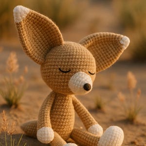 May include: A crocheted fennec fox toy with large ears, sitting on sand. The fox is tan with white accents on the ears and feet, and has closed eyes. The background is blurred, suggesting an outdoor setting.