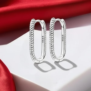 May include: A pair of silver oval hoop earrings. Each earring has a textured, braided design around the outer edge. The earrings are marked with "S925". The background includes red and white surfaces.