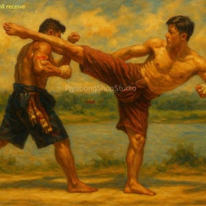 No.011 Muay Thai Traditional Kickboxing Art – Vintage Oil Style Thai Boxing Printable Wall Art – Martial Arts Digital Download