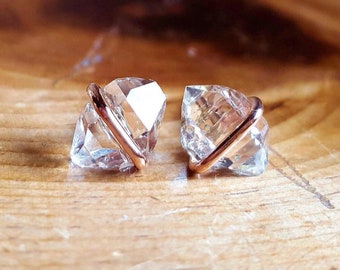 Herkimer Diamond Earrings Rose Gold, April Birthstone Jewelry, Raw Crystal Stud Earrings, 14K Gold Studs, Raw Stone Jewelry, Gift for Women