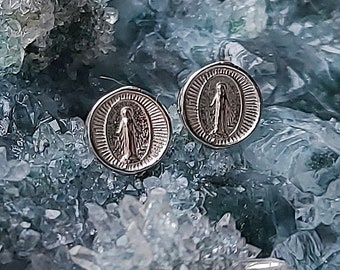 White Gold Virgin Mary Earrings, 14K Miraculous Medal Stud Earrings, Miraculous Medal Earrings, Virgin Mary Studs Religious Jewelry Catholic