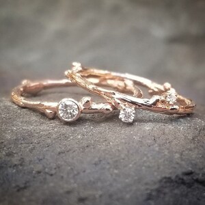 Diamond Wedding Ring Set, Rose Gold Bridal Sets, Wedding Rings, Bridal Ring Set, Twig Engagement Ring, Twig Wedding Band Women, Dainty Ring