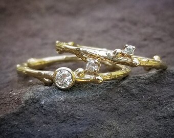 Gold Twig Wedding Ring Set, Diamond Wedding Ring Set for Women, Branch Engagement Ring, Unique Wedding Band Women, Dainty Bridal Ring Sets