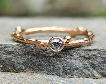14K Rose Gold Branch Ring, Gray Salt Pepper Diamond Solitaire Engagement Wedding Band