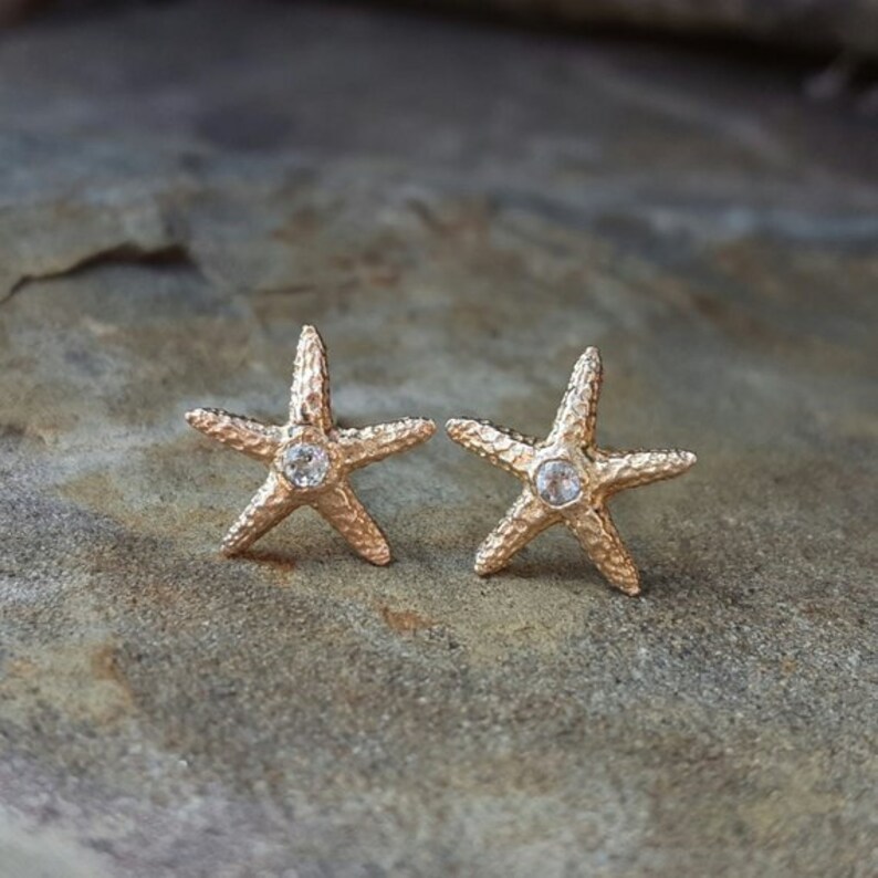 Genuine Aquamarine Earrings 14K Gold Starfish Earrings Etsy