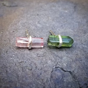 Tourmaline Crystal Stud Earrings, Mismatched Studs, Pink Green Tourmaline Earrings, Silver Raw Stone Jewelry October Birthstone Womens Gift