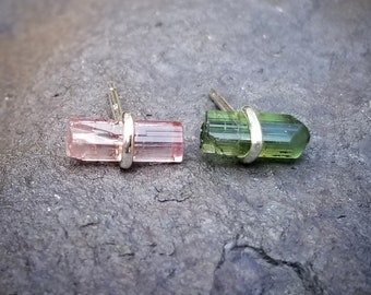 Tourmaline Crystal Stud Earrings, Mismatched Studs, Pink Green Tourmaline Earrings, Silver Raw Stone Jewelry October Birthstone Womens Gift