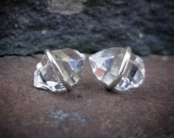 Herkimer Diamond Studs, Silver Herkimer Diamond Earrings, Raw Crystal Jewelry, Raw Stone Stud Earring, April Birthstone, Womens Gift for Her