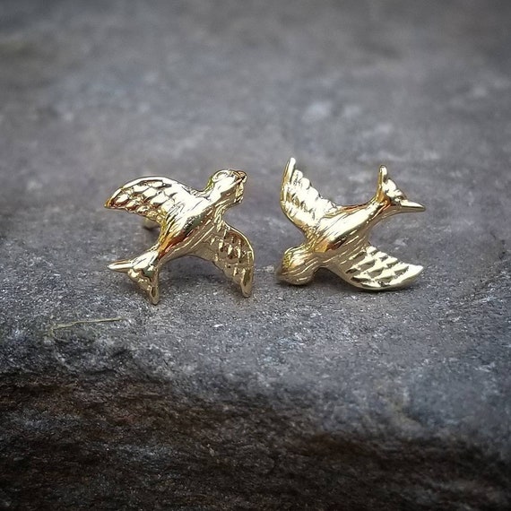 14K Gold Bird Earrings Rose Gold Stud Earrings 14K Gold Bird | Etsy