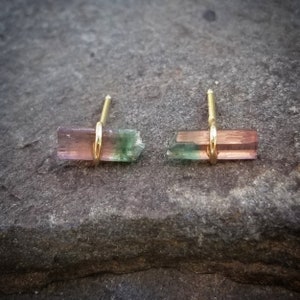 Raw Tourmaline Earrings, 14K Gold Watermelon Tourmaline Stud Earrings, Raw Crystal Studs, Watermelon Tourmaline Jewelry, Raw Stone Earring