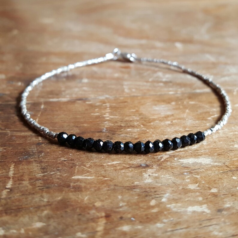 Black Tourmaline Bracelet, October Birthstone Beaded Bracelets, Black Tourmaline Jewelry, Silver Stackable Bracelets, Womens Gift 