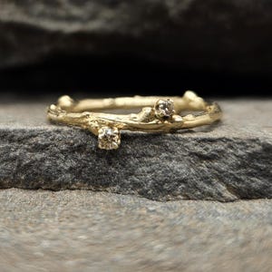 May include: A gold ring with a textured band resembling a small tree branch. The ring features two small, round, light brown gemstones set into the metal, mimicking the appearance of buds or knots on the twig-like structure of the band.