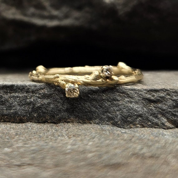 Champagne Diamond Wedding Bands Women, 14K Gold Champagne Diamond Ring, Gold Twig Wedding Band, Unique Wedding Rings for Womem, Gift for Her