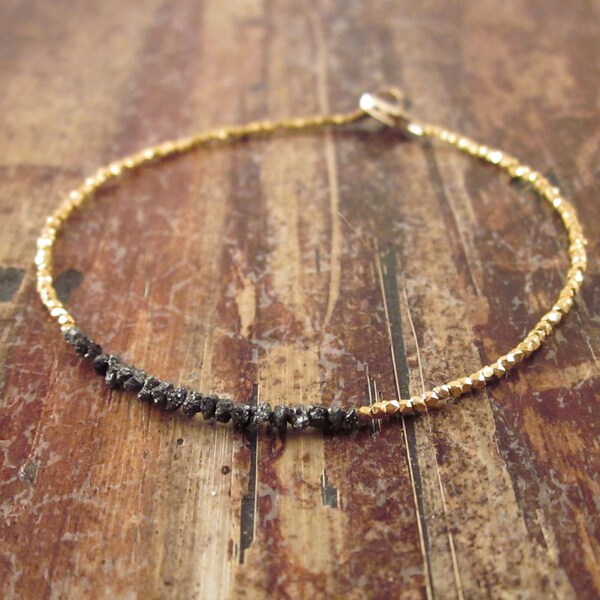 Black Diamond Bracelet, Raw Stone Beaded Bracelets for Women, Rough Diamond Gold Bead Bracelet Unique Gift for Her, April Birthstone Jewelry