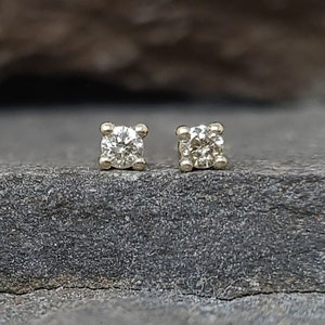 A pair of small, round, brilliant cut champagne diamond stud earrings. The earrings are set in a solid 14K yellow gold four prong settings. Sold 14K gold posts and backings.