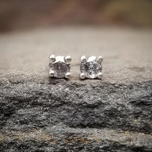 Silver Salt and Pepper Diamond Earrings, Raw Stone Diamond Studs, Grey Diamond Stud Earrings Gray Diamond Earrings April Birthstone Jewelry