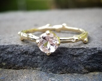 Morganite Engagement Ring Gold, Unique Morganite Solitaire Rings for Women, 14K Gold Morganite Twig Ring, Unique Engagement Rings, Size 5.5