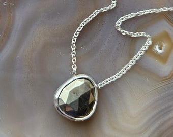 Sterling Silver Pyrite Necklace, Rose Cut Pyrite Necklaces for Women, Gold Pyrite Jewelry Gift for Her, Raw Stone Pyrite Pendant Necklaces