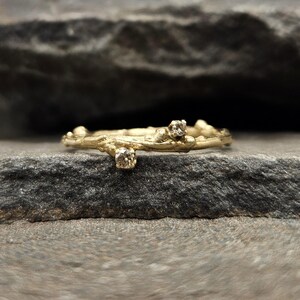 May include: A gold ring with a textured band resembling a natural twig. The ring features two small, round, clear stones set into the metal, mimicking the appearance of buds or small growths on the branch-like structure of the band.