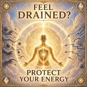 May include: An artistic illustration with the text "FEEL DRAINED? PROTECT YOUR ENERGY." A glowing figure is centered within a golden, geometric design, surrounded by ethereal elements and arrows. The artwork has a vintage, spiritual theme.