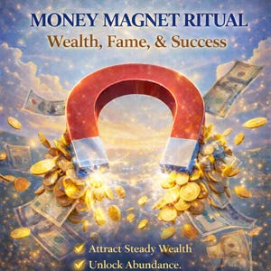 May include: An image with the text "MONEY MAGNET RITUAL Wealth, Fame, & Success". A red horseshoe magnet is surrounded by gold coins and dollar bills. The text "Attract Steady Wealth" and "Unlock Abundance" is also present.