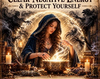 Può includere: Un'illustrazione digitale di una persona con un mantello blu scuro con cappuccio che esegue un rituale sopra una ciotola metallica con una luce brillante. Il testo recita Clear Negative Energy & Protect Yourself e Personalized Cleansing & Protection.