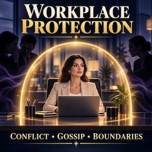 Puede incluir: Un profesional sentado en un escritorio con una computadora portátil, encerrado en una cúpula dorada brillante. El texto dice WORKPLACE PROTECTION arriba y CONFLICT • GOSSIP • BOUNDARIES abajo. La escena incluye un portalápices y una pequeña planta.
