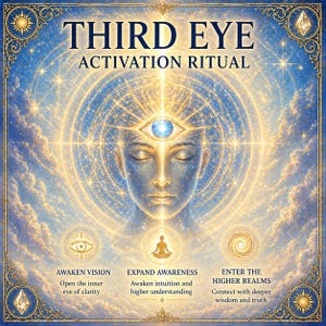 May include: A digital art print with the text "THIRD EYE ACTIVATION RITUAL". The image features a serene face with a glowing third eye, surrounded by celestial elements and text that reads "AWAKEN VISION", "EXPAND AWARENESS", and "ENTER THE HIGHER REALMS".