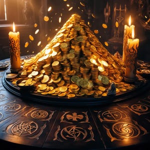 Puede incluir: Una gran pila de monedas de oro sobre una mesa redonda de madera oscura, flanqueada por dos velas encendidas. La mesa está adornada con símbolos tallados. Las monedas se desparraman, creando una escena de riqueza y abundancia, iluminada por la luz de las velas.