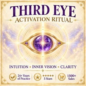 May include: A graphic featuring the text THIRD EYE ACTIVATION RITUAL at the top, with a central stylized eye containing a purple gemstone. Below, the words INTUITION, INNER VISION, CLARITY appear, followed by icons for 24+ Years of Practice, 5 Stars, and 1500+ Sales.
