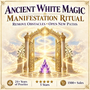 Może przedstawiać: Grafika cyfrowa z tekstem ANCIENT WHITE MAGIC MANIFESTATION RITUAL REMOVE OBSTACLES OPEN NEW PATHS. Obraz przedstawia złoty łukowaty portal ze świecącym światłem, grupę fioletowych kryształów oraz odznaki z 24+ Years of Practice, 5 Stars i 1500+ Sales.