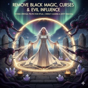 Op de afbeelding: Digitale illustratie van een vrouw in een witte jurk, omringd door een gloeiende cirkel en figuren. De afbeelding bevat de tekst "REMOVE BLACK MAGIC, CURSES & EVIL INFLUENCE" en "INTENSE SPIRITUAL PROTECTION RITUAL | ENERGY CLEARING & ENTITY REMOVAL".