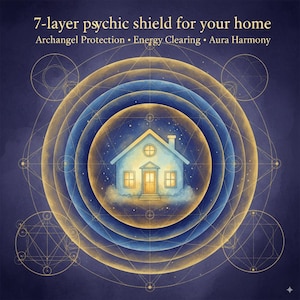 May include: An illustration of a house within concentric circles, suggesting a protective shield. The image features a blue and gold color scheme with text that reads "7-layer psychic shield for your home" and mentions "Archangel Protection, Energy Clearing, Aura Harmony."