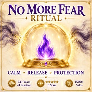 Op de afbeelding: Een afbeelding met de tekst NO MORE FEAR RITUAL, CALM, RELEASE, PROTECTION, 24+ Years of Practice, 5 Stars en 1500+ Sales. Een centrale gouden koepel bevat een levendige paarse vlam, omringd door wervelende donkere rook en gouden accenten.