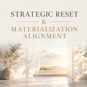 May include: An interior scene featuring the text "STRATEGIC RESET & MATERIALIZATION ALIGNMENT." A vase with a plant is on the left. An open doorway leads to a bright outdoor scene with a sunset.