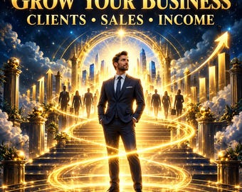 May include: A digital illustration featuring the text GROW YOUR BUSINESS CLIENTS • SALES • INCOME. A person in a dark suit stands on a glowing staircase leading to a city skyline, surrounded by golden light, pillars, and upward-trending arrows.