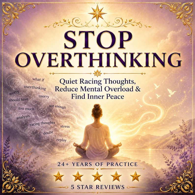 K&ouml;nnte beinhalten: Ein Buchcover mit dem Titel STOP OVERTHINKING und dem Untertitel Quiet Racing Thoughts, Reduce Mental Overload & Find Inner Peace. Es zeigt eine meditierende Person in einer Landschaft mit grauen Textwolken und hellem goldenen Licht.