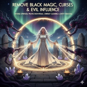 May include: Digital artwork featuring a woman in a white gown, encircled by a glowing aura and shadowy figures. The image includes the text "REMOVE BLACK MAGIC, CURSES & EVIL INFLUENCE" and "INTENSE SPIRITUAL PROTECTION RITUAL | ENERGY CLEARING & ENTITY REMOVAL".