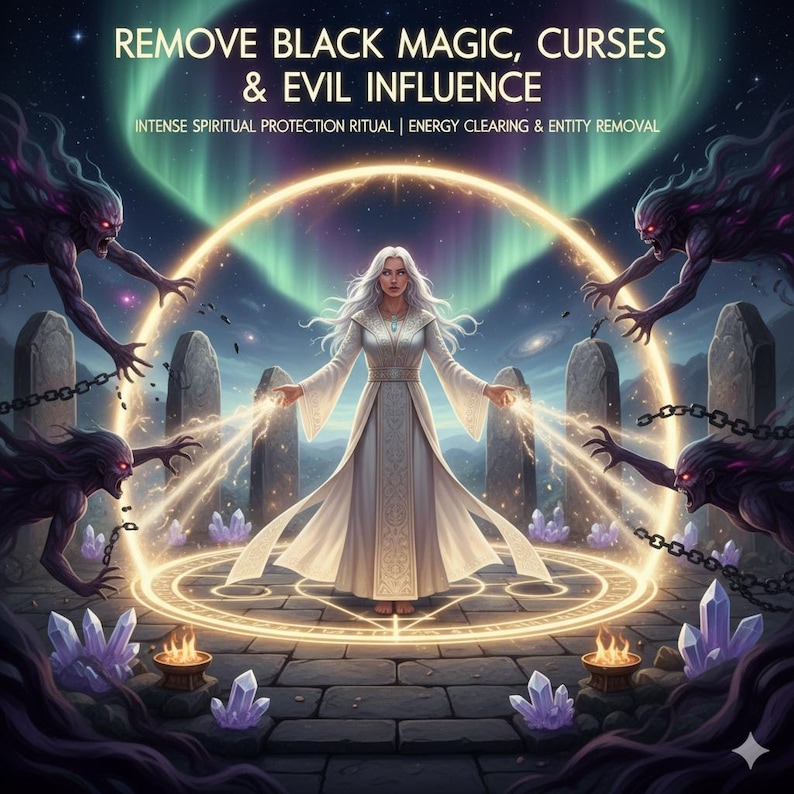 Op de afbeelding: Digitale illustratie van een vrouw in een witte jurk, omringd door een gloeiende cirkel en figuren. De afbeelding bevat de tekst "REMOVE BLACK MAGIC, CURSES & EVIL INFLUENCE" en "INTENSE SPIRITUAL PROTECTION RITUAL | ENERGY CLEARING & ENTITY REMOVAL".