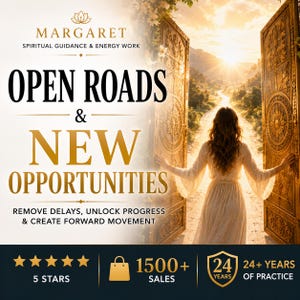 May include: An image promoting spiritual guidance and energy work. The text reads "OPEN ROADS & NEW OPPORTUNITIES." A woman stands before golden doors opening to a sunlit path. The image includes text about removing delays and unlocking progress.