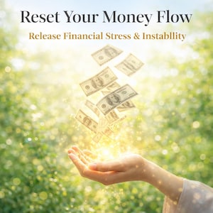 May include: Image with the text "Reset Your Money Flow" and "Release Financial Stress & Instability". A hand is reaching up to catch falling hundred dollar bills, with a bright, blurred background of green foliage.