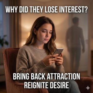 Puede incluir: Una mujer con un suéter marrón mira su teléfono. El texto "WHY DID THEY LOSE INTEREST?" está en la parte superior y "BRING BACK ATTRACTION REIGNITE DESIRE" en la parte inferior.