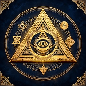 May include: A gold-coloured graphic illustration featuring a central eye within a triangle, surrounded by circular geometric patterns and esoteric symbols. The design is set against a dark blue background with ornate golden corner accents.