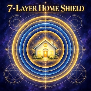 May include: A graphic illustration featuring a house centered within seven concentric glowing rings of blue and gold light. The text 7-LAYER HOME SHIELD is displayed in gold at the top against a dark purple cosmic background with geometric patterns.