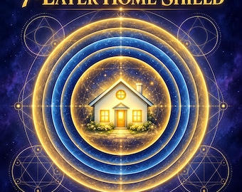 May include: A graphic illustration featuring a house centered within seven concentric glowing rings of blue and gold light. The text 7-LAYER HOME SHIELD is displayed in gold at the top against a dark purple cosmic background with geometric patterns.