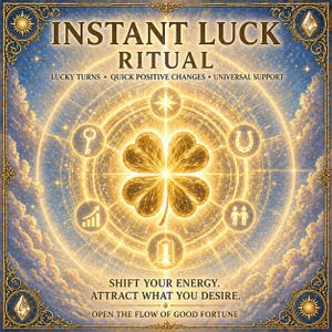 Può includere: Una grafica a tema celeste con le parole "INSTANT LUCK RITUAL" in lettere dorate. L'immagine presenta un quadrifoglio luminoso al centro, circondato da simboli e testo: "LUCKY TURNS, QUICK POSITIVE CHANGES, UNIVERSAL SUPPORT". La parte inferiore recita: "SHIFT YOUR ENERGY. ATTRACT WHAT YOU DESIRE. OPEN THE FLOW OF GOOD FORTUNE."